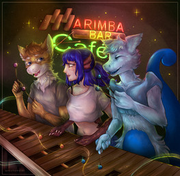anthro blue_body blue_eyes blue_fur blue_hair blue_teeth bra_strap breasts brown_body brown_fur brown_hair cheek_scar claws clothing crop_top ear_fins eyes_closed eyewear facial_scar female fin finger_claws fur glasses grey_clothing grey_shirt grey_t-shirt grey_topwear group hair head_tuft holding_object male marimba musical_instrument open_mouth open_smile percussion_instrument percussion_mallet pink_tongue playing_music ponytail rectangular_glasses scar shirt short_hair smile snout sparkles t-shirt tail teeth tongue topwear trio tuft wearing_glasses white_body white_claws white_clothing white_crop_top white_fur white_topwear gabyhamster nintendo pokemon generation_1_pokemon humanoid legendary_pokemon mewtwo pokemon_(species) 2021 digital_media_(artwork) hi_res shaded