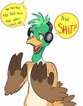 after_transformation anthro beak brown_body brown_feathers electronics feathers green_body green_feathers headgear headphones headset male solo text wings yellow_beak zigzagooniez sonicfox_vs_quackerman ggmaidenslayer anas anatid anseriform avian bird dabbling_duck duck mallard english_text