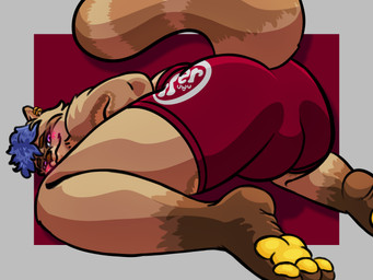 anthro bent_legs bent_over blue_hair blush brown_body brown_fur bulge butt clothed clothing ear_piercing ear_ring fur hair male piercing raccy_astromo raised_tail ring_piercing simple_background solo tail underwear underwear_only waffle_fragavacci_(artist) yellow_paws mammal procyonid raccoon 4:3 hi_res