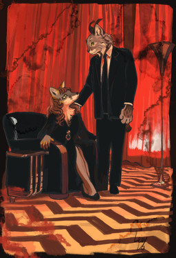 anthro black_clothing black_dress black_footwear black_shoes black_suit black_tie_(suit) brown_hair clothing curtains dress duo female footwear fur furniture furniture_lamp green_eyes hair hand_on_shoulder long_hair looking_at_another male multicolored_body multicolored_fur on_sofa paws red_room shoes short_tail sitting sitting_on_sofa sofa standing suit suit_and_tie tail text leskylentils twin_peaks dale_cooper laura_palmer canid canine felid feline fox grey_fox lynx mammal urocyon absurd_res english_text hi_res