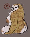 anthro areola avian barn_owl beak big_areola big_breasts big_nipples bird breasts curvy_figure eyes_closed feathered_arms feathers female fiskdisk heart_symbol markings mature_female miss_owl_(book_club) mole_(marking) natural_breasts neck_tuft nipples overweight overweight_anthro overweight_female owl plumage sagging_breasts sitting slightly_chubby slightly_chubby_female solo the_book_club thick_thighs tuft tyto tytonid voluptuous voluptuous_female