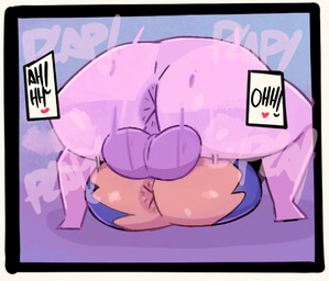 anus balls bottomwear clothing darkened_anus darkened_balls darkened_genitalia darkened_penis dominant dominant_gynomorph dominant_intersex duo female from_front_position genitals gynomorph gynomorph/female heart_reaction intersex intersex/female mating_press moan onomatopoeia penis purple_anus purple_balls purple_body purple_skin rear_view sex size_difference sound_effects steamy_anus tan_anus tan_body tan_skin text text_box torn_bottomwear torn_clothing pixzapix demon demon_humanoid human humanoid mammal 2026 hi_res