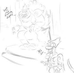 anthro armor beard cape clothing crown duo eyebrows facial_hair female fingers gesture hair hand_gesture headgear male pointing royalty sharp_teeth short_hair sitting teeth unknown_artist amphibia_(series) disney general_yunan king_andrias_leviathan amphibian newt salamander monochrome sketch