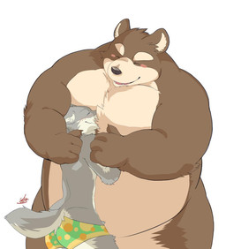 anthro blush brown_body brown_fur butt clothing duo eyes_closed fur grey_body grey_fur hug humanoid_hands kemono male male/male overweight overweight_male simple_background size_difference underwear white_background ginnosuke bear canid canine canis mammal wolf 2015