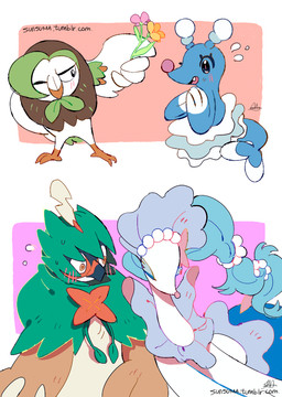 3_fingers 3_toes 4_fingers beak biped black_eyes blue_body blue_hair blue_markings blush bodily_fluids brown_body brown_feathers cute_fangs duo ear_markings eye_markings eyelashes facial_markings fangs feathered_wings feathers feet female feral fingers flower flying_sweatdrops front_view gem gloves_(marking) hair head_markings holding_object interspecies leaf long_hair markings naturally_censored nude one_eye_closed open_mouth orange_markings pearl_(gem) pink_nose plant ponytail pseudo_clothing red_eyes side_view simple_background snout split_form standing star surprised sweat sweatdrop tan_body tan_feathers teasing teeth toes vines white_body white_feathers white_markings wide_eyed wings sunsuma nintendo pokemon aquatic avian bird brionne dartrix decidueye elemental_creature flora_fauna generation_7_pokemon mammal merfolk pinniped pokemon_(species) primarina 2016 cel_shading digital_media_(artwork) shaded signature
