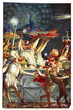 alcohol ambiguous_gender amphora anthro art_nouveau beverage blonde_hair bottle bowl bubble candle clothing container feast feathered_wings feathers food footwear fruit furniture glass grape group hair historical holding_food holding_musical_instrument holding_object leaf lobster_as_food musical_instrument peacock_feather percussion_instrument plant plate platter sandals shirt shoes table tambourine topwear wine wings paul_vincent_woodroffe the_tempest william_shakespeare angel avian bird cherub domestic_cat felid feline felis galliform humanoid lion mammal pantherine peafowl phasianid suid suine sus_(pig) wild_boar 1908 20th_century ancient_art hi_res traditional_media_(artwork)