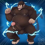 anthro balls belly bodily_fluids brown_body brown_fur erection fur genitals humanoid_genitalia humanoid_penis male muscular muscular_male overweight overweight_male penis potara_ear_ring red_eyes solo barmaku dragon_ball dragon_ball_z vegito mammal oozaru primate saiyan 1:1 absurd_res hi_res