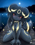 anthro anthrofied black_body black_hair blush breasts detailed_background female hair kneeling lake moon night pokemorph solo water rilex_lenov nintendo pokemon rika_(rilex_lenov) eeveelution generation_2_pokemon pokemon_(species) umbreon