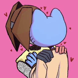 4_fingers anthro bangs blue_body blue_fur brown_hair clothed clothing duo fingers fully_clothed fur hair hand_on_chest hands_on_shoulders heart_symbol humanoid_on_anthro interspecies kissing male male/male pink_background pointy_ears ponytail prick_ears simple_background static sweater topwear undercut young dreamscreep cartoon_network the_amazing_world_of_gumball gumball_watterson rob_(tawog) cyclops domestic_cat felid feline felis humanoid mammal 1:1 colored digital_media_(artwork) hi_res procreate_(artwork) shaded