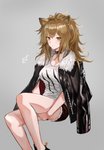 bottomwear breasts clothing collar female grey_background jacket looking_at_viewer shirt shorts simple_background sitting solo topwear kit_11 arknights hypergryph studio_montagne siege_(arknights) animal_humanoid felid felid_humanoid humanoid mammal mammal_humanoid 2020 absurd_res hi_res