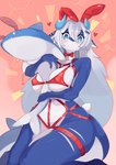 anthro blue_eyes blush breasts clothed clothing female female_anthro hair heart_symbol holding_object holding_plushie horn long_hair looking_at_viewer plushie red_clothing solo skulkers fish marine shark hi_res tagme