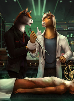 anthro blue_eyes clothed clothing front_view fur grey_body grey_fur group hair holding_object lying male male_anthro on_back open_mouth orange_body orange_fur orange_hair side_view standing trio white_body white_fur white_hair satanic_monkey equid equine horse mammal hi_res