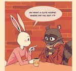 2020 anthro beastars blush clothed clothing comic container cup dialogue domestic_rabbit duo dwarf_rabbit ear_piercing ear_ring eden_fries english_text female fur haru_(beastars) hi_res holding_container holding_cup holding_object hoodie lagomorph leporid mammal oryctolagus piercing procyonid rabbit raccoon ring_piercing speech_bubble text topwear