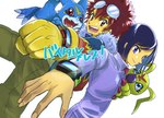 anthro blue_body blue_eyes bracelet brown_hair eyewear goggles green_body group hair jewelry male purple_hair red_eyes text ulcer_gag bandai_namco digimon davis_motomiya ken_ichijouji digimon_(species) human mammal veemon wormmon absurd_res hi_res japanese_text