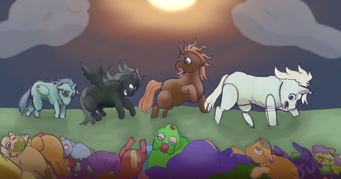 blood blood_from_eye blue_body blue_fur blue_hair blue_tail bodily_fluids brown_body brown_fur cloud corpse emaciated fur green_fr green_mane green_tail grey_eyes group hair horn mane outside pink_hair pink_tail running sku sun tail white_body white_fur white_hair white_tail wings julie_(artist) fluffy_pony mythology equid equine fluffy_pony_(species) mammal mythological_creature mythological_equine pegasus unicorn winged_unicorn 2026 digital_media_(artwork) hi_res shaded