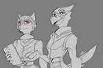 anthro beak blush clothing duo eyebrows feathers female fingers fur hair holding_object inner_ear_fluff male short_hair smile tablet tail tail_feathers tuft saffronic nintendo star_fox falco_lombardi krystal_(star_fox) avian bird canid canine fox mammal 2020 black_and_grey monochrome