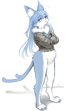 4_fingers 4_toes :< ahoge ambiguous_gender anthro biped blue_body blue_claws blue_ears blue_fur blue_hair blue_inner_ear bottomless bottomless_ambiguous bottomless_anthro brown_clothing brown_jacket brown_topwear camo camo_clothing camo_jacket camo_print camo_topwear claws clothed clothing countershade_face countershade_fur countershade_legs countershade_neck countershade_torso countershading crossed_arms crotch_tuft digitigrade eyelashes featureless_crotch feet finger_claws fingers fluffy forked_tail front_view fur hair heterochromia inner_ear_fluff jacket jacket_only kemono long_hair looking_at_viewer monotone_hair monotone_tail multicolored_body multicolored_fur neck_tuft pattern_clothing pattern_topwear pink_nose pupils red_eyes simple_background slit_pupils solo standing tail text three-quarter_view toe_claws toes topwear topwear_only tuft two_tone_body two_tone_fur unusual_anatomy unusual_tail whiskers white_background white_body white_fur white_inner_ear_fluff yellow_eyes nanahara_(nakunare) japan_air_self-defense_force omaneko_(jasdf) domestic_cat felid feline felis mammal 2023 artist_name colored digital_media_(artwork) full-length_portrait portrait shaded male_(lore)