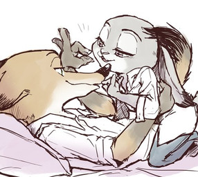anthro bottomwear clothing dipstick_ears dipstick_tail duo ear_markings female fur half-closed_eyes hand_behind_back lying male markings multicolored_ears multicolored_tail narrowed_eyes on_back pants shirt simple_background size_difference smile straddling tail tail_markings topwear white_background mitsuharu disney zootopia judy_hopps nick_wilde canid canine fox lagomorph leporid mammal rabbit red_fox true_fox 2017 low_res