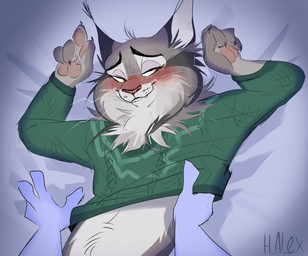 anthro arms_above_head blue_arms blush claws clothed clothing clothing_lift duo ear_tuft eyebrows facial_markings facial_tuft fluffy fur green_clothing green_sweater green_topwear grey_body grey_fur head_markings lighter_belly looking_aside lying male markings narrowed_eyes on_back orange_eyes pawpads paws pink_nose pink_pawpads raised_arms raised_eyebrow simple_background smile sweater sweater_lift topwear tuft whisker_spots whiskers h_alexxx disney zootopia pawbert_lynxley canada_lynx felid feline lynx mammal