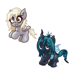 blonde_hair blonde_mane blue_hair blue_mane blue_tail chibi crown cutie_mark duo female feral grey_body hair headgear horn mane quadruped simple_background tail white_background wings yellow_tail tuskonline friendship_is_magic hasbro my_little_pony mythology derpy_hooves_(mlp) queen_chrysalis_(mlp) arthropod changeling_(mlp) equid equine horse mammal mythological_creature mythological_equine pegasus pony 1:1 absurd_res hi_res