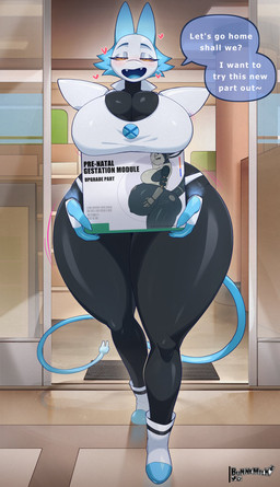 anthro big_breasts biped blush box breasts clothed clothing container dialogue female footwear front_view heart_symbol holding_box holding_container holding_object machine pupils shoes smile speech_bubble tail text thick_thighs wide_hips bunnemilk deltarune undertale_(series) tasque_manager robot absurd_res hi_res