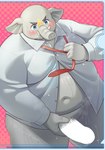 anthro belly blush bodily_fluids bottomless clothed clothing dress_shirt elephant elephantid erection genitals grey_body hi_res hizen_(tamacolle) male mammal masturbation navel overweight penis proboscidean proboscis_(anatomy) shirt solo sweat tamacolle topwear trunk_(anatomy) tusks yukimushi6