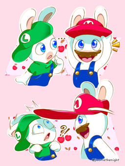 anthro blue_clothing blue_eyes blue_overalls brown_facial_hair brown_mustache button_(fastener) cherry clothed clothed_anthro clothed_female clothing duo ellipsis exclamation_point facial_hair female food fruit fully_clothed fully_clothed_anthro fully_clothed_female green_clothing green_hat green_headwear green_shirt green_topwear hat headgear headwear light long_ears looking_up male male_anthro mitten_hands multicolored_body mustache noseless open_mouth open_smile outline overalls pink_background pink_tongue plant question_mark red_clothing red_hat red_headwear shirt shirtless_anthro shirtless_male sideways_hat simple_background smile standing startled tan_body tan_inner_ear tan_skin text tongue topwear turning two_tone_body white_outline jooniethenight mario_bros mario_plus_rabbids_kingdom_battle nintendo raving_rabbids rayman_(series) ubisoft rabbid_luigi rabbid_mario lagomorph mammal rabbid 2025 3:4 artist_name colored crossover digital_drawing_(artwork) digital_media_(artwork) english_description lighting multiple_scenes shaded