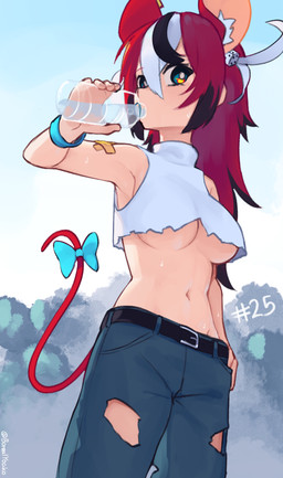 accessory band-aid bandage black_highlights blue_eyes bottle bottomwear bow_(feature) bow_accessory bow_ribbon breasts clothed clothing container d6 denim denim_bottomwear denim_clothing dice drinking female furgonomics hair highlights_(coloring) inner_ear_fluff jeans low-angle_view navel outside pants red_hair ribbons sky solo tail tail_accessory tail_bow tail_ribbon torn_bottomwear torn_clothing torn_jeans torn_pants tuft under_boob water water_bottle white_highlights wristband yoako hololive hololive_en vtuber hakos_baelz animal_humanoid humanoid mammal murid murine rat rodent hi_res
