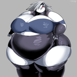 4_fingers anthro belly big_belly big_breasts black_nose breasts chubby_cheeks cleavage clothed clothing collar double_chin fat_arms female fingerless_gloves fingers fur gloves grey_background grey_hair hair handwear happy huge_breasts huge_thighs inner_ear_fluff leggings legwear morbidly_obese morbidly_obese_female obese obese_anthro obese_female overweight overweight_anthro overweight_female red_eyes shirt simple_background smile solo spiked_collar spikes teeth thick_neck thick_thighs topwear tuft white_body white_fur white_inner_ear_fluff rohan_furries hellaverse helluva_boss mythology loona_(helluva_boss) canid canid_demon canine demon hellhound mammal mythological_canine mythological_creature 1:1 hi_res shaded