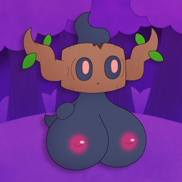 big_breasts black_body breasts female forest_background hand_on_own_breast horn huge_breasts leaf neutral_expression nipples not_furry pink_eyes solo espurr_tea nintendo pokemon generation_6_pokemon ghost phantump pokemon_(species) spirit 1:1 2026 digital_media_(artwork) hi_res