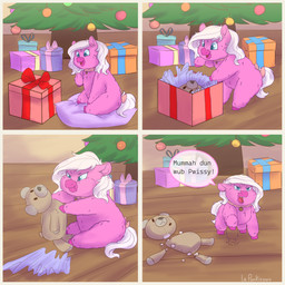 angry baby_talk blue_eyes blue_sclera christmas_bauble christmas_decorations christmas_ornament collar destroyed dialogue female female_feral feral fur gift hair happy holding_object holding_plushie holding_teddy_bear holidays hooves looking_at_object ornament pink_body pink_bow pink_fur pink_hooves plant plushie sitting solo tail teddy_bear text tree white_hair white_tail wrappings young young_female young_feral laponkisuwu christmas fluffy_pony fluffy_pony_(species) mammal 1:1 2023 comic digital_media_(artwork) english_text hi_res intralingual_translation shaded story story_in_description