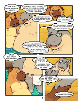 anthro belly blush bottomwear brown_body brown_fur bulge clothed clothing detailed_background dialogue duo fur gesture hand_behind_back handshake hot_spring inside loincloth loincloth_only looking_at_viewer male moobs navel nipples open_mouth overweight overweight_anthro overweight_male partially_submerged profanity smile speech_bubble standing text topless water conditional_dnp mabit gabe_(mabit) manny_(mabit) capybara caviid common_hippopotamus hippopotamid mammal rodent 2025 comic digital_media_(artwork) english_text hi_res pixel_(artwork)