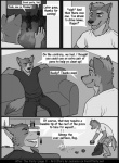 anthro canid canine canis clothing comic dialogue digital_media_(artwork) domestic_dog duo_focus english_text eyes_closed greyscale group jackaloo male mammal monochrome text wolf