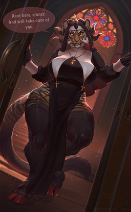 anklet anthro biped breasts claws clothed clothed_anthro clothed_female clothing female fingers front_view fur hooves horn jewelry looking_at_viewer solo standing stripes tail teeth text thick_thighs wide_hips silgiriya_mantsugosi hervy demon felid mammal pantherine tiger 2026 absurd_res digital_drawing_(artwork) digital_media_(artwork) english_text hi_res