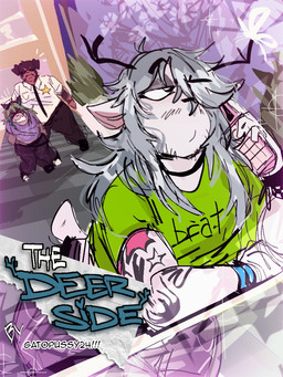 anthro antlers arm_tattoo beard bottomwear choker clothing facial_hair footwear fur green_hair grey_hair hair hair_over_eye horn jewelry male necklace necktie pants shirt shoes slightly_chubby slightly_chubby_anthro slightly_chubby_male sneakers stubble sweatpants t-shirt tattoo text topwear white_body white_fur gat0pussy24 bruno_cataldi eddy_(gat0pussy24) lake_(gat0pussy24) canid canine canis deer dobermann domestic_dog mammal pinscher procyonid raccoon 3:4 cover cover_art cover_page english_text nonbinary_(lore)