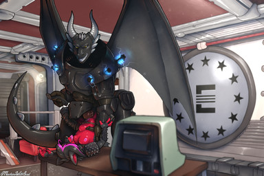 2_horns abdominal_bulge anthro areola armor big_wings biped black_body black_fur black_hair black_nose black_scales breasts cheek_spikes claws clenched_teeth clothed clothed_sex clothing computer countershade_face countershade_torso countershading duo electronics enclave_(fallout) erection facial_spikes female female_penetrated fingerless_(marking) fur genitals hair highlights_(coloring) horn inside interspecies looking_at_another looking_at_partner lying lying_on_table machine male male/female male_penetrating male_penetrating_female markings medium_breasts membrane_(anatomy) membranous_wings mostly_nude multicolored_body nipples on_back partially_clothed penetration penile penile_penetration penis penis_in_vagina piledriver_position pink_highlights power_armor red_body red_countershading red_fur red_markings scales sex sex_on_table short_hair spiked_tail spikes spikes_(anatomy) tail teeth tongue tongue_out two_tone_body vaginal vaginal_penetration vein veiny_penis wings machinewithsoul european_mythology fallout microsoft mythology requiemwolfy canid canine canis dragon mammal mythological_creature mythological_scalie scalie western_dragon wolf 2026 3:2 hi_res