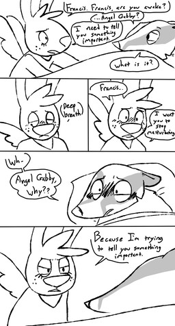 anthro bed bed_sheet bedding blush blush_lines clothed clothed_female clothing dialogue duo eyelashes feathered_wings feathers female freckled_face freckles fur furniture humor joke long_eyelashes male masturbation pillow rabbit_ears serious text tuft wings the_weaver angel_hare the_east_patch angel_gabby francis_(angel_hare) angel badger hare lagomorph leporid mammal mustelid musteline 2024 comic english_text hi_res line_art monochrome