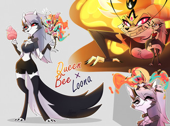 angry animal_ears candy clothing cotton_candy dessert duo eyes_closed fangs female female/female feral fire food grey_background grey_hair hair happy holding_tail legwear nails red_eyes red_sclera sharp_nails simple_background size_difference smile tail teeth thigh_highs akuma_nemui hellaverse helluva_boss mythology loona_(helluva_boss) queen_bee-lzebub_(helluva_boss) arthropod bee canid canid_demon canine demon fox hellhound hybrid hymenopteran insect mammal mythological_canine mythological_creature absurd_res full-length_portrait hi_res portrait