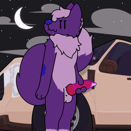 anthro at_night big_ears big_tail bodily_fluids car condom fur genital_fluids knot leaning_on_object male masturbation neck_tuft outside_sex precum purple_body purple_fur sex sexual_barrier_device solo standing tail tuft vehicle doug_polaris ford ford_maverick unknown_purple taidum 1:1 absurd_res hi_res