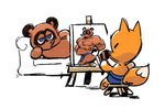 anthro apron blue_apron blue_clothing blue_eyes brown_body brown_fur chibi clothing duo fur furniture male muscular painting simple_background sitting slightly_chubby sofa white_background cigardoesart animal_crossing nintendo crazy_redd tom_nook_(animal_crossing) canid canine fox mammal raccoon_dog tanuki 2020 hi_res