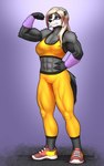 abs anthro arm_tuft black_nose blonde_hair bottomwear bra breasts clothing eyebrows eyelashes female flexing flexing_bicep footwear fur grey_body grey_fur hair hand_on_hip midriff muscular muscular_anthro navel one_eye_closed pants purple_eyes shoes shoulder_tuft solo sports_bra sweatpants tuft underwear wrist_warmers mykegreywolf liz_(mykegreywolf) badger mammal mustelid musteline 2025 absurd_res hi_res