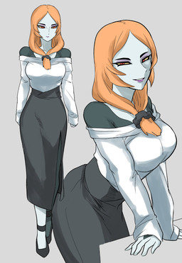 accessory alternate_costume big_breasts biped bottomwear breasts clothed clothing exposed_shoulder eyeshadow female footwear fully_clothed grey_background grey_body grey_skin hair hair_accessory hair_tie high_heels high_waisted_skirt leaning_on_table lips long_skirt long_sleeves looking_at_viewer makeup modern_au multiple_poses narrowed_eyes not_furry orange_hair pose purple_eyeshadow purple_lips red_eyes scrunchie shoes shoulderless_shirt simple_background skirt slit_skirt smile smiling_at_viewer solo standing wide_hips yellow_sclera ilo_a5 nintendo the_legend_of_zelda twilight_princess midna_(true_form) humanoid twili 2024 digital_drawing_(artwork) digital_media_(artwork) hi_res portrait