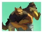 anthro border bottomwear bottomwear_pull butt clothed clothing clothing_pull duo fur holding_from_behind looking_back male male/male officer simple_background tail white_border red8ean beau_(red8ean) canid canine humanoid mammal hi_res