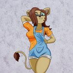 alternate_species anthro clothed clothing crossgender eyewear female glasses mtf_crossgender overalls solo arcatech saberspark saberspark_(character) felid lion mammal pantherine absurd_res hi_res tagme