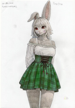 anthro blush bottomwear clothed clothed_anthro clothing ears_down ears_up female fur green_clothing hair hands_behind_back pivoted_ears red_eyes simple_background skirt solo standing topwear white_body white_clothing white_fur white_hair tsamsiyuwarrior2 combat_cat_studio wild_assault hongying_(wild_assault) lagomorph leporid mammal rabbit hi_res