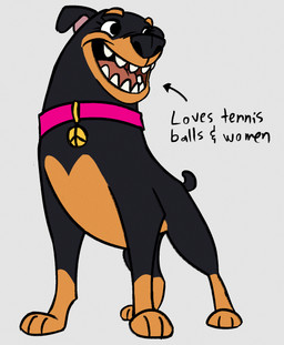 black_body black_fur black_nose brown_body brown_eyebrows brown_fur brown_paws brown_snout collar collar_tag eyebrows fangs female feral floppy_ears fur male peace_symbol peace_symbol_collar_tag pink_collar solo teeth text tiny_tail toony mandrawsdog 101_dalmatian_street 101_dalmatians disney roxy_(101_dalmatians) canid canine canis domestic_dog mammal mastiff molosser rottweiler english_text hi_res