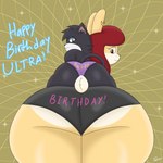 anthro big_butt birthday black_body brown_eyes butt celebration clothing duo ear_piercing ear_ring female female/female fur green_eyes hair piercing red_hair ring_piercing size_difference smile symmetry text text_on_clothing text_on_underwear thick_thighs underwear wide_hips yellow_body yellow_fur tetz_(artist) jane_valdez regina_harrington domestic_cat felid feline felis lagomorph leporid mammal rabbit tuxedo_cat 1:1 2022 hi_res