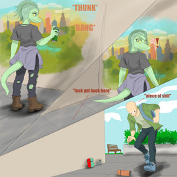alternate_costume alternate_universe alternative_fashion anthro backpack bald biped black_bottomwear black_clothing black_pants black_shirt black_topwear boots bottomwear city cityscape clothed clothed_anthro clothed_female clothed_human clothed_male clothing cloud day denim denim_bottomwear denim_clothing dialogue duo exclamation_point female footwear green_body green_clothing green_hair green_jacket green_scales green_shirt green_topwear grey_eyes hair head_turned holding_object hoodie_around_waist jacket jeans male medium_hair motion_lines open_clothing open_jacket open_topwear outside paint pants plant punk scales shirt shoes shrub sky spray_paint standing talking_to_self text topwear torn_bottomwear torn_clothing torn_pants yellow_sclera ryangoslinghorny cavemanon_studios i_wani_hug_that_gator snoot_game anon_(snoot_game) olivia_halford baryonyx dinosaur human mammal prehistoric_species reptile saurischian scalie spinosaurid theropod 1:1 absurd_res colored comic english_text hi_res