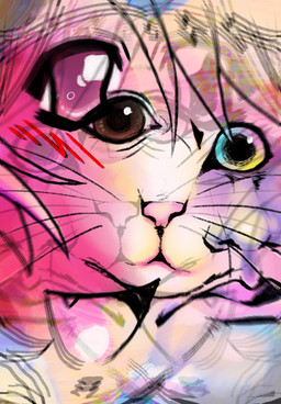 ambiguous_gender blue_eyes blush blush_lines brown_eyes eye_bags fangs feral glistening glistening_eyes hair lips mouth_closed multicolored_eyes open_mouth pink_eyes pink_nose psychedelic pupils self_portrait smile surrealism teeth whiskers yellow_eyes dreamscreep domestic_cat felid feline felis human mammal digital_media_(artwork) hi_res procreate_(artwork)