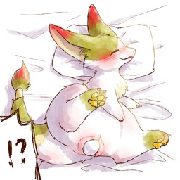3_toes bedding blush chest_tuft claws dipstick_ears ear_markings egg feet female feral fur genitals green_body green_fur green_paws happy interrobang kemono leg_markings lying markings multicolored_ears on_side open_mouth oviposition pawpads pillow red_body red_fur sleeping snout socks_(marking) solo spread_legs spreading toes tuft vulva white_body white_fur yellow_pawpads lukuiscute unknown_species 1:1 hi_res